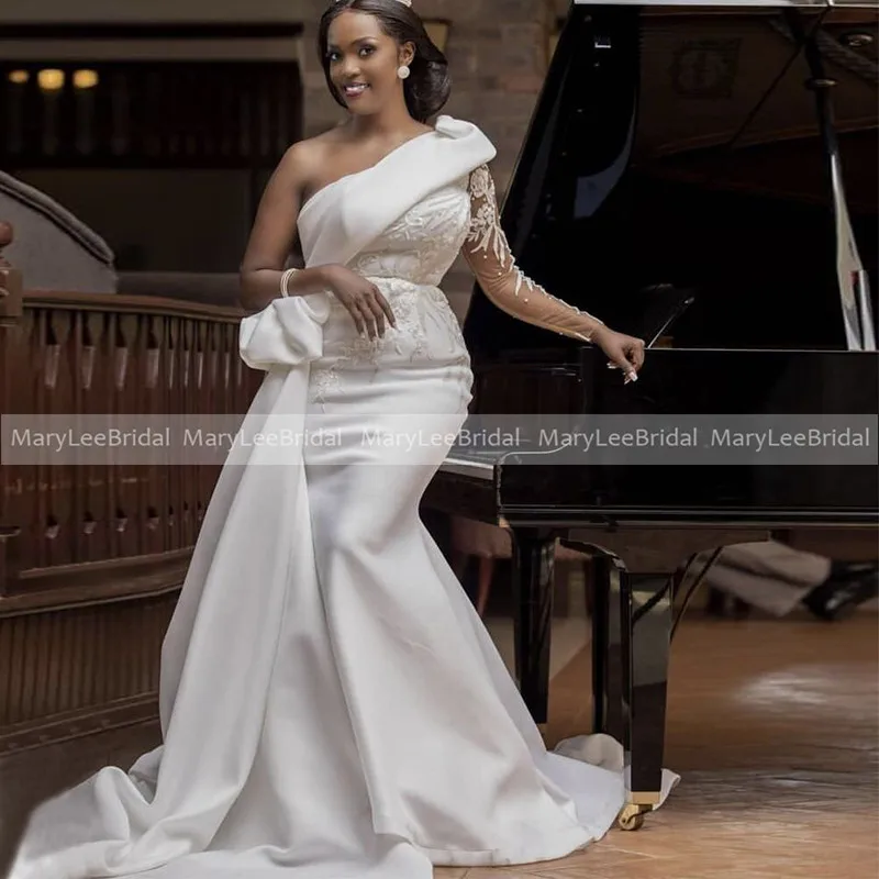 

Женское облегающее свадебное платье It's yiiya, Белое Облегающее платье на одно плечо с длинными рукавами и атласной лентой на лето 2019