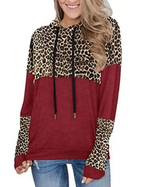 

Hot Women Hood Sweatshirts Winter Autumn Spring Leopard Patchwork 2021 Cap Plus Sizes Ladies Pullovers Warm Pocket Hooded