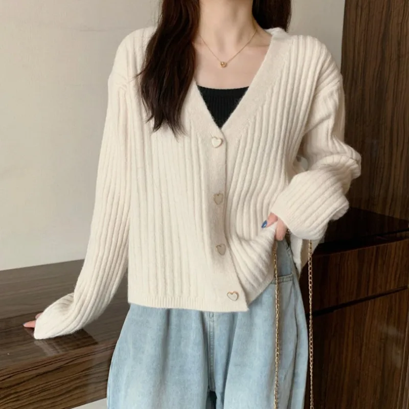 

Женский вязаный кардиган с V-образным вырезом, короткий Свободный Топ, мягкая и легкая куртка, весна-осень 2021