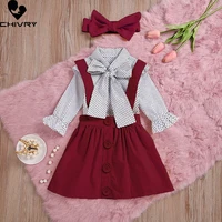 two piece girls clothing sets spring autumn 2022 girls dot print bowknot long sleeve shirts tops with solid skirt clothes suit