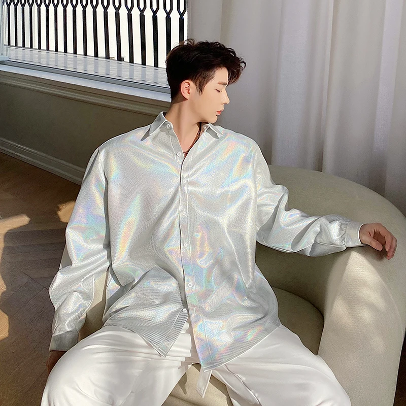 Голографическая рубашка радужного цвета блестящая с длинным рукавом мужская
