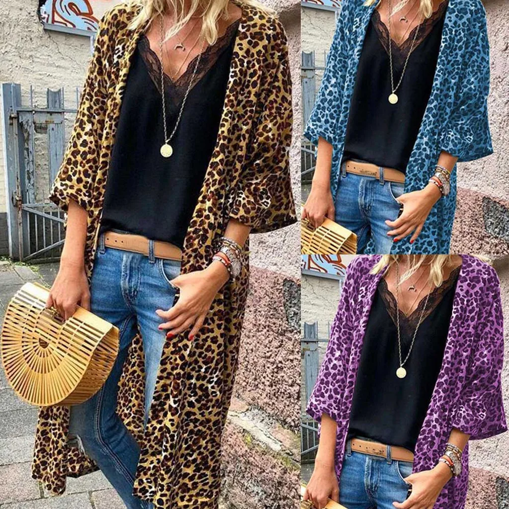 

Модный кардиган с леопардовым принтом, блузка, свободные длинные топы, накидка, повседневные Осенние Топы, женские блузы с рукавом 3/4, куртки