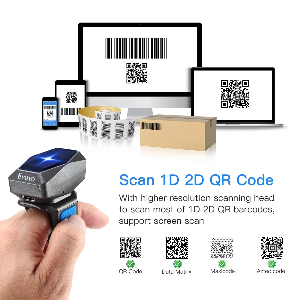 Eyoyo новый 2D носимый кольцевой сканер штрих кодов Bluetooth 2 4G беспроводной USB 3 в 1 1D