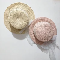 toddler kids baby summer woven straw sun hat with lace ribbon pearl floppy wide brim sunscreen flat top beach cap gorro