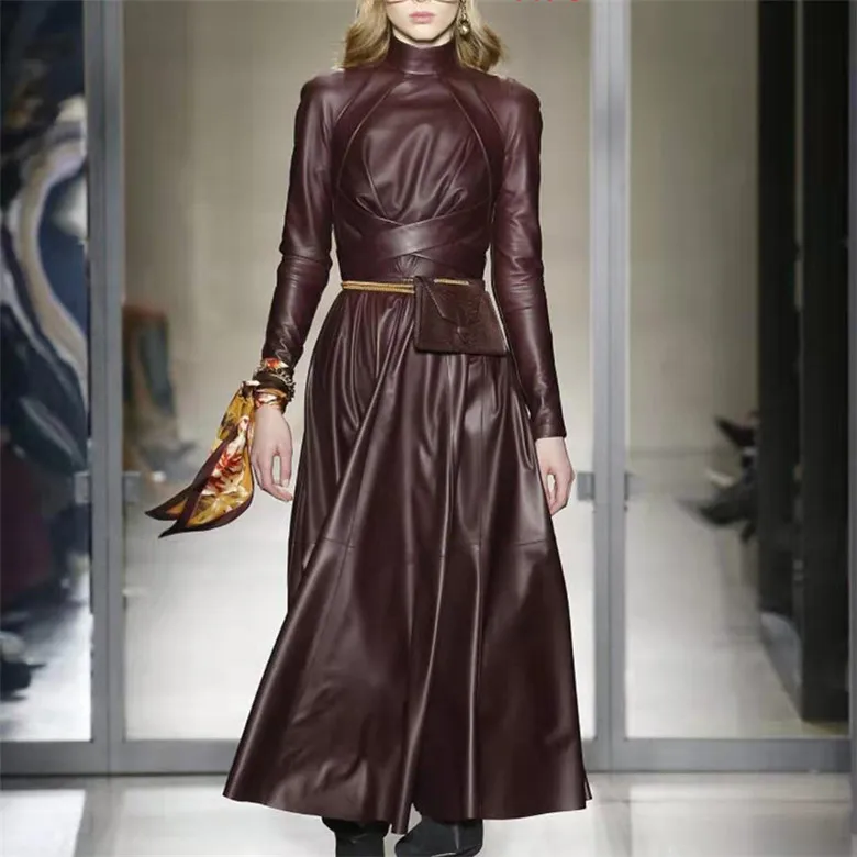 2019 осеннее подиумное одноцветное женское платье из искусственной кожи с длинным