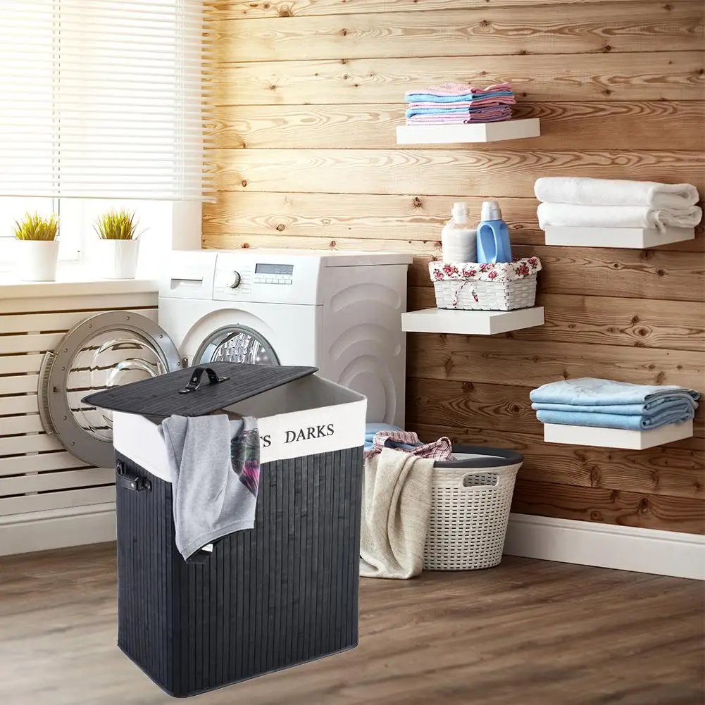 

Household Black Double Lattice Bamboo Dust-Proof Folding Basket With Cover Storage Barrel Bucket Washing Organizer