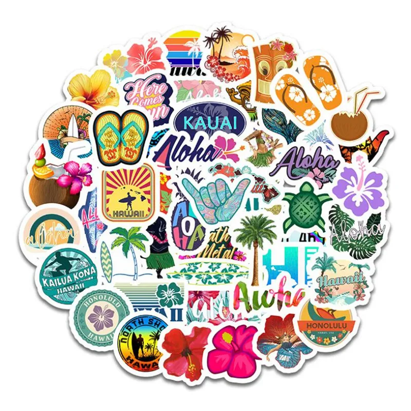 

10/30/50PCS Hawaii Vacation Cartoon Graffiti Stationery Box Manual Summer Fresh Mobile Phone Decoration Stickers Wholesale