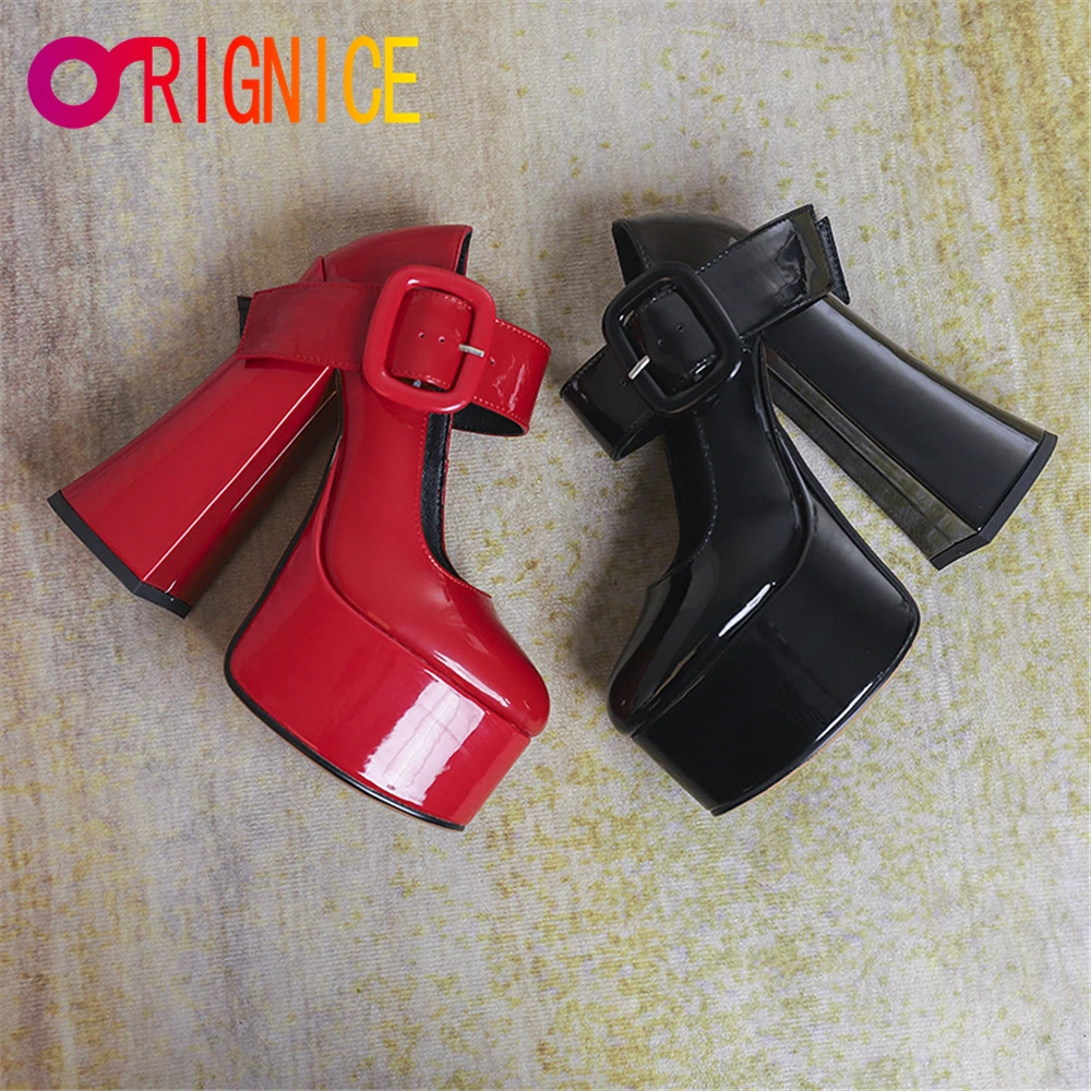 

Orignice New Design Sexy Thick High Heels Platform Pumps Spring Autumn Cow Patent Leather Round Toe Ankle Strap Shoes Big Size