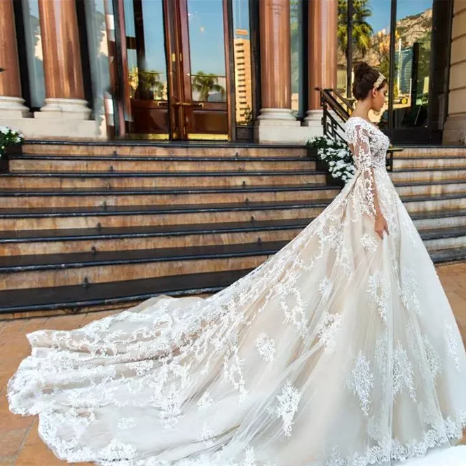 Сексуальное свадебное платье с длинным рукавом принцесса 2019 пуговицами сзади со