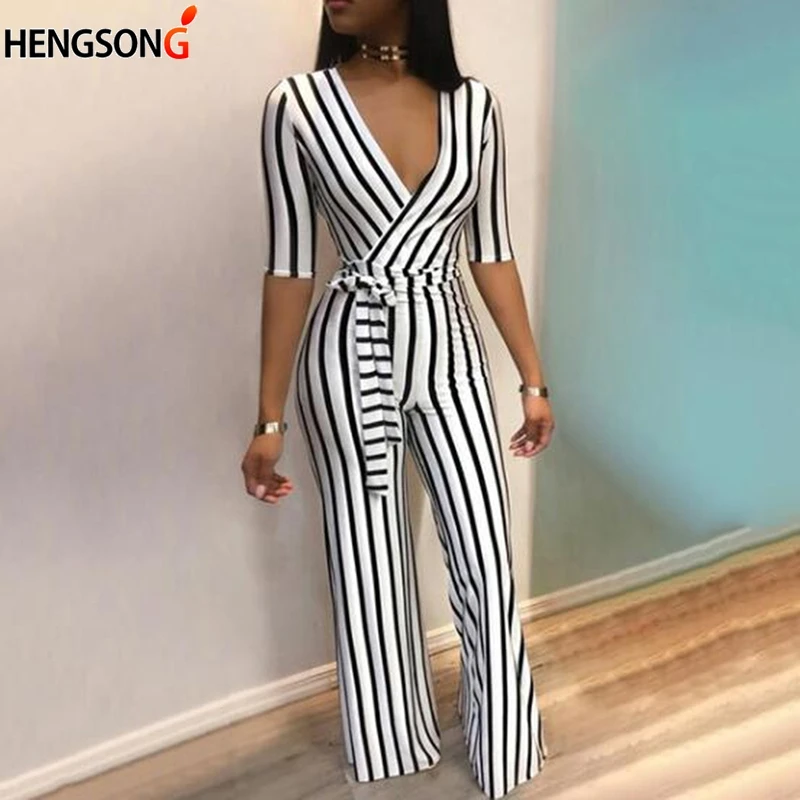 

Summer Deep V Neck Sashes Jumpsuit Women Half Sleeve Casual Rompers Overalls Sexy Office Lady Striped Long Pants Jumpsuits