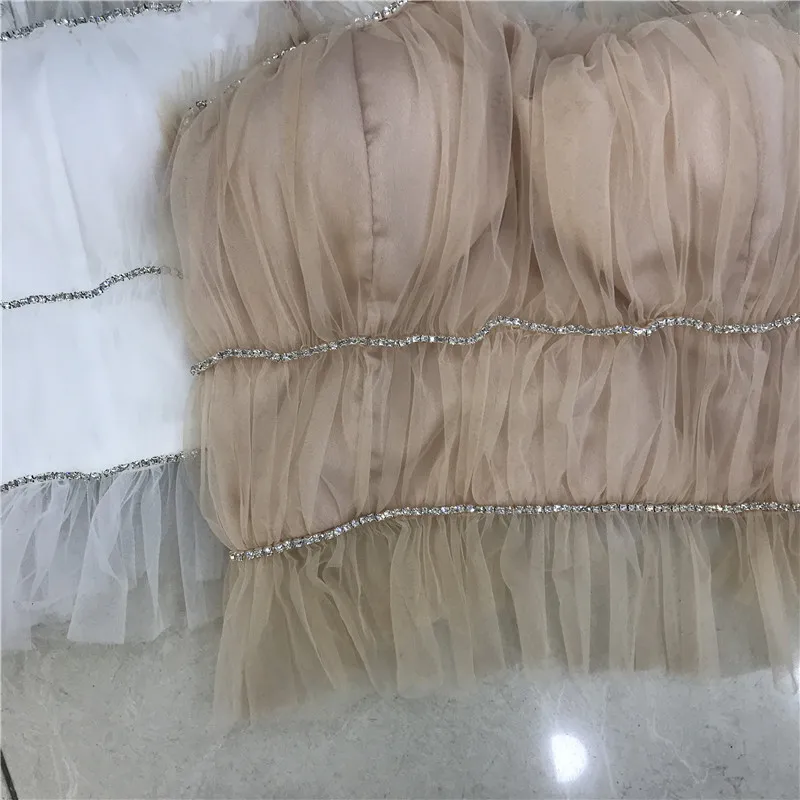 Rhinestone Mesh Camisole Women's Slim Fit Short Pleating Sling Shirt Sexy Crop Top Girls Ladies Blusas Mujer 2021