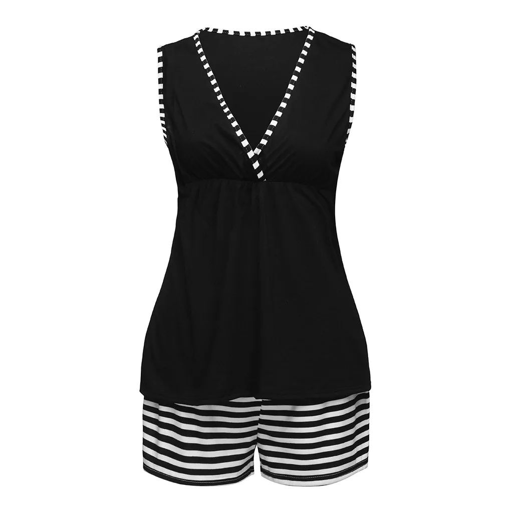 

2PCS Fashion Women Maternity Clothes Sleeveless Nursing Baby Vest Top+Stripe Shorts Pajamas Set Soft comfort Maternity sleepwear