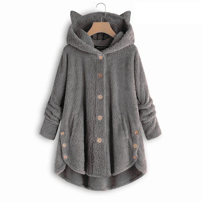 Cute Plush Coat Winter Harajuku Irregular Hem Fleece Warm Woman Teddy Kawaii Cats Ears Hooded Women Fluffy Jackets | Женская одежда