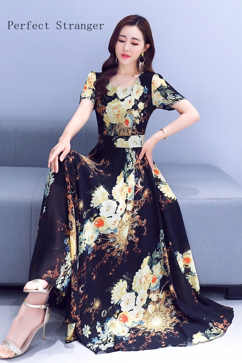 

2021 Summer New Arrival Hot Sale Short Sleeve Round Collar Flower Printed Women Chiffon Long Chiffon Dress Plus Size M-4XL