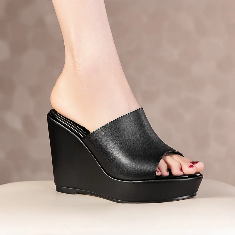 

Женские босоножки на платформе, белые сандалии из натуральной кожи с открытым носком, на очень высокой танкетке, уличные шлепанцы, лето 2021