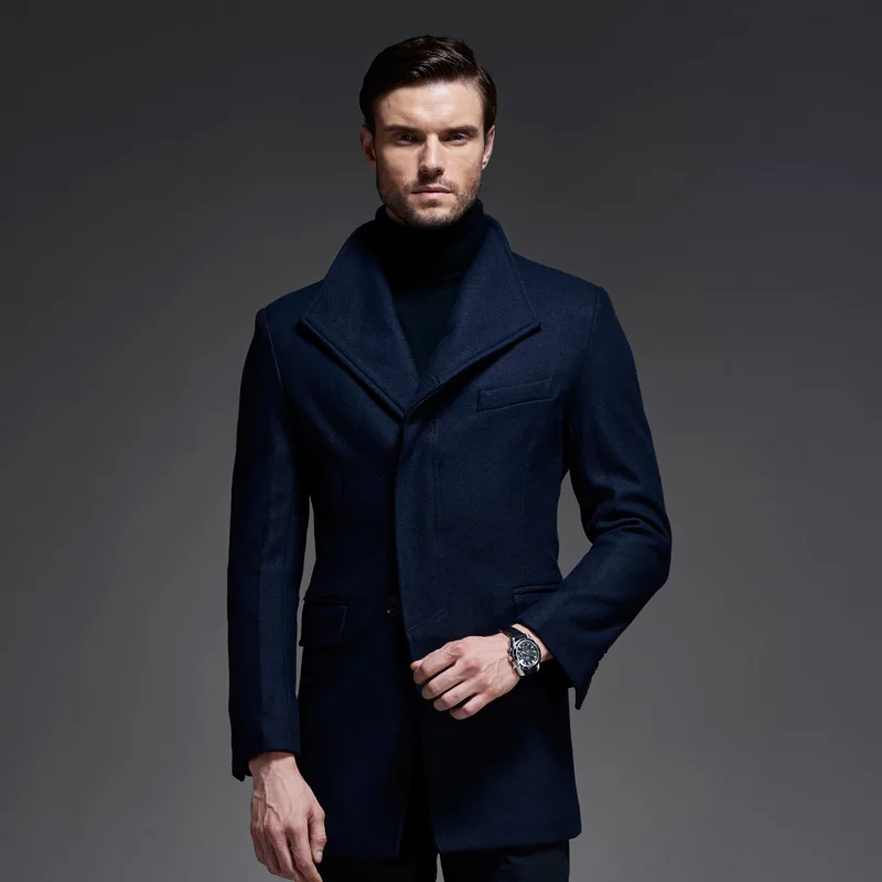 

2021 New Thick Long Trench Coat For Men Elegant Single Breasted Woll Coat Men