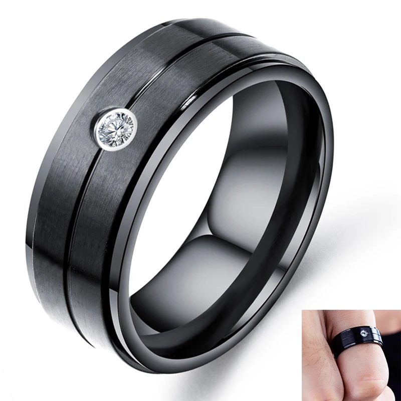 

8mm Fashion Groove Whiter Cubic Zirconia unisex Rings black Stainless Steel anniversary gift Jewelry Bands
