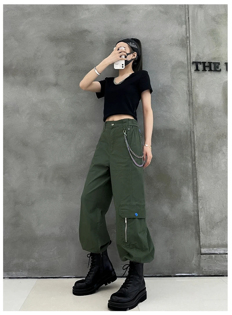 

[EAM] High Elastic Waist Army Green Casual Long Harem Trousers New Loose Fit Pants Women Fashion Tide Spring Summer 2021 1DD9336