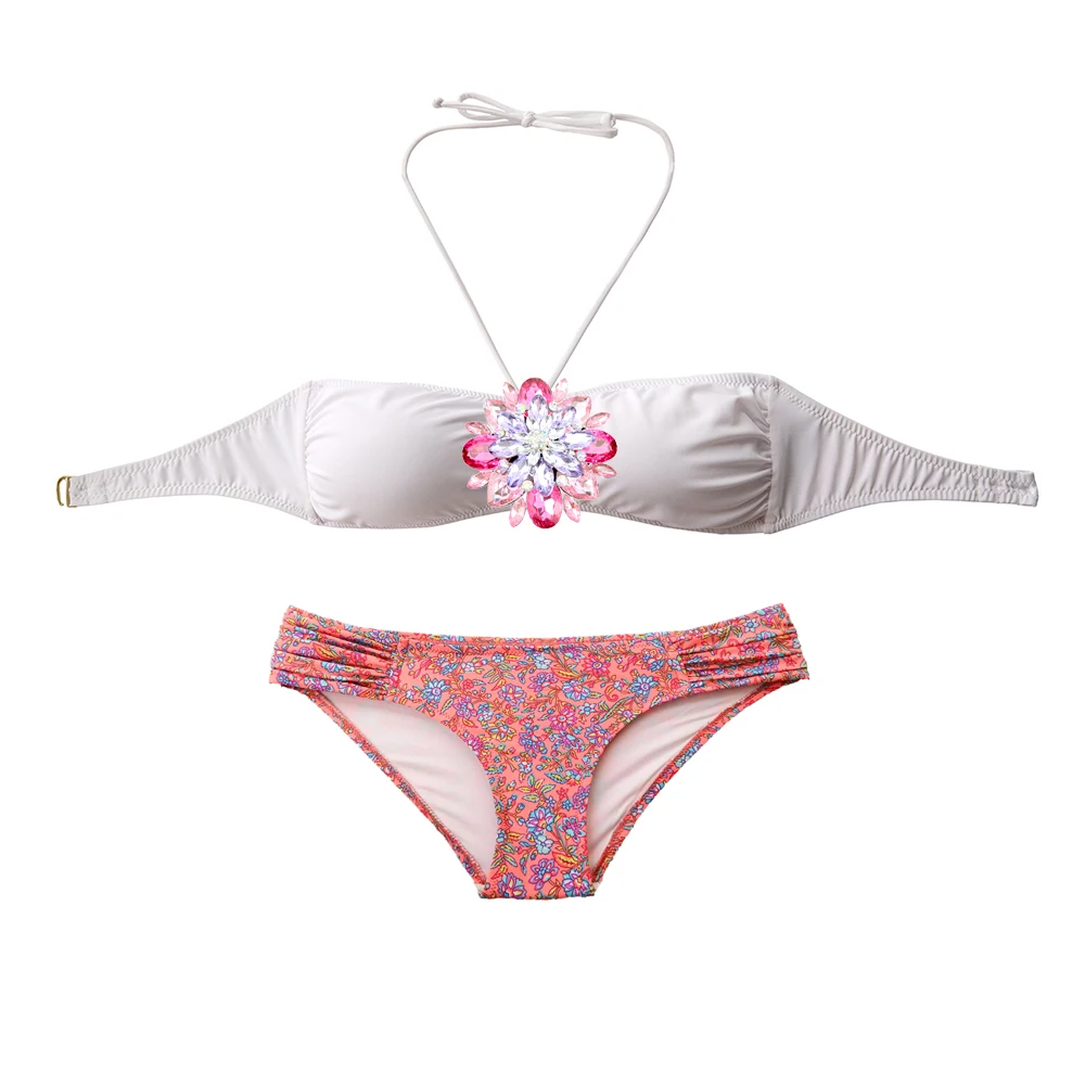 Women Sexy Girl Crystal Diamond Bikini Set White Top Brand Swimwear Swimsuit  Biquini Pink Printing Bottom Bathing Suit
