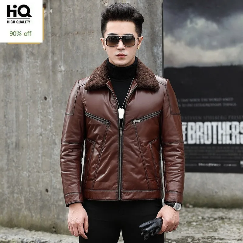 Мужская шерстяная куртка с воротником из натуральной воловьей кожи зимняя