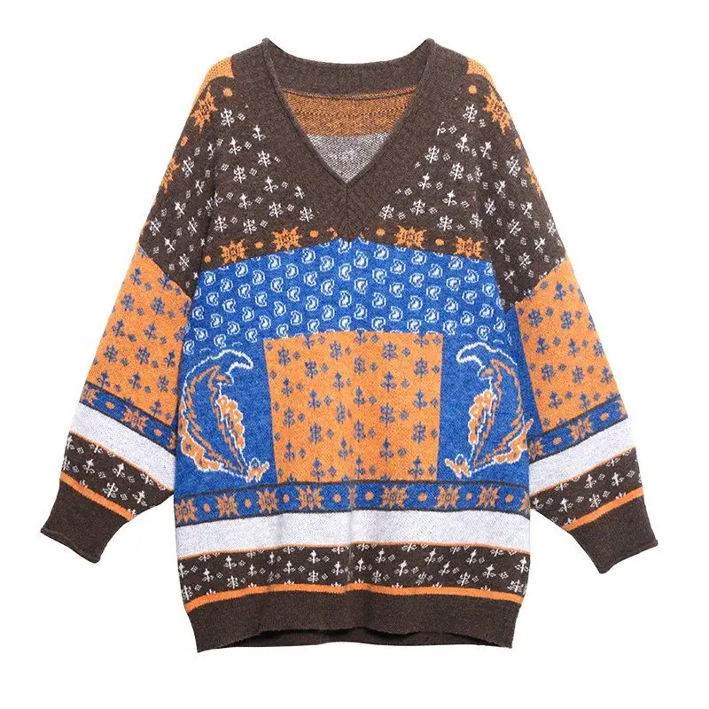 

Color matching sweater new women's medium length loose, winter thickened, retro, with backing sweater