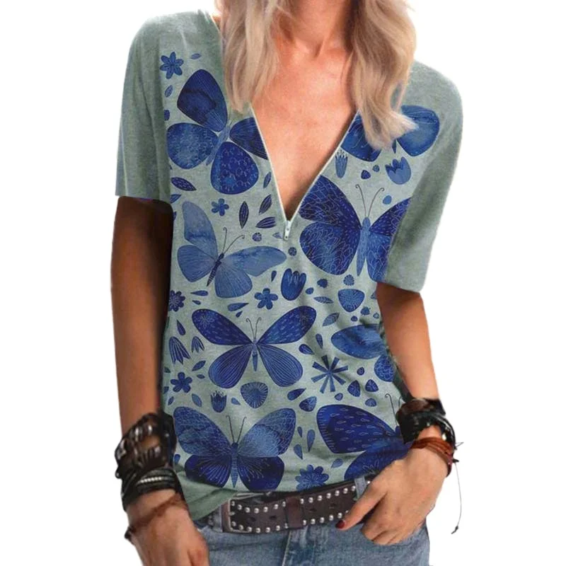

2021 Women Summer T Shirt Oversized Tops Casual Short Sleeve Zipper V Neck T Shirts Butterfly Print Clothing Plus Size Camisas