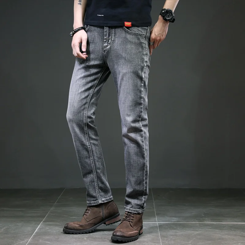 Мужские джинсы прямого покроя новые серые Стрейчевые брендовые модные мужские