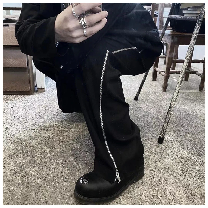 

New American style high street punk style side zipper men's straight casual pants hip hop loose Street black Harlan long pants