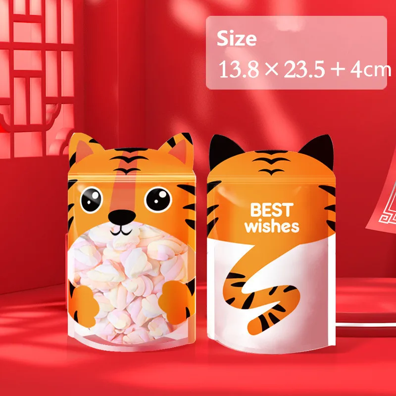 

50Pcs Cartoon Tiger 2022 New Year Stand-up Cookies Snowflake Pastry Toffee Candy Nougat Packaging Zipper Ziplock Bags