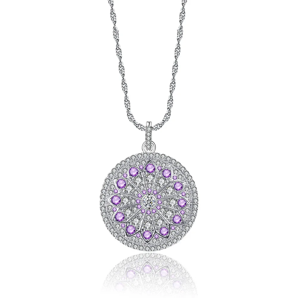 

Women Necklace Purple Gypsophila Micro-inlaid Zircon Disc Necklace Fashion Pendant Ladies Geometric Lotus Necklace 2021 New Arri
