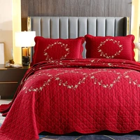 red cotton bedspread on bed quilt set 3pcs double blanket bed cover pillowcase king queen solid embroidered coverlets