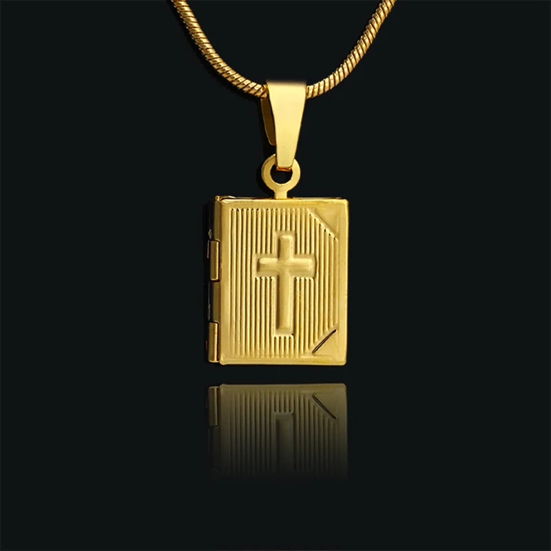 JH абсолютно новый золотой крест Библия книга фото медальон фаза маленький кулон