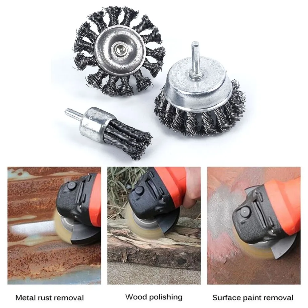 

3PC Steel Rotary Joint Knot Flat Wire Wheel Cup Brush Disk Rust Removal Polish Polishing Pad Car Detailing Brush For Wheel Clean