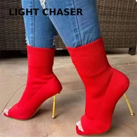 autumn winter plus size womens boots fish mouth womens high heels new square toe stiletto elastic knitted socks boots women