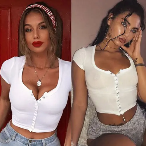 

Summer New Womens Sexy V-neck Metal Breasted Short Sleeve Slim Crop Tops Clubwear T-Shirt