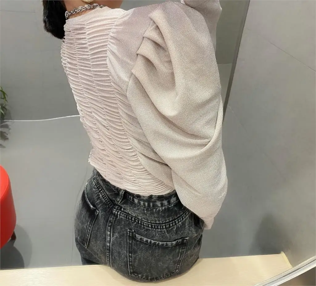 

Tumblr Special Offer Polyester Full Solid Korean 2020 Spring New Women's T-shirt Pleated Bubble Sleeve Bright Bottoming Women