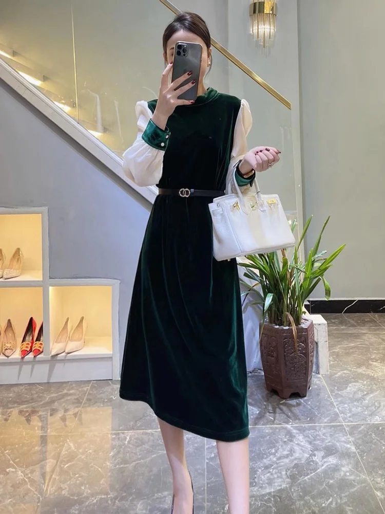 

Европейские товары, осень 2021, новое темпераментное бархатное платье в стиле богини контрастных цветов с длинным рукавом и шитьем, Женское П...