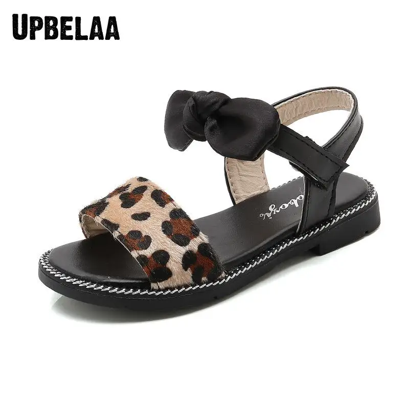 

Girls Sandals Summer Kids Shoes Non-slip Baby Toddler Children Beach Sandals Party Black Leopard Bow Princess Shoes Size 21-36