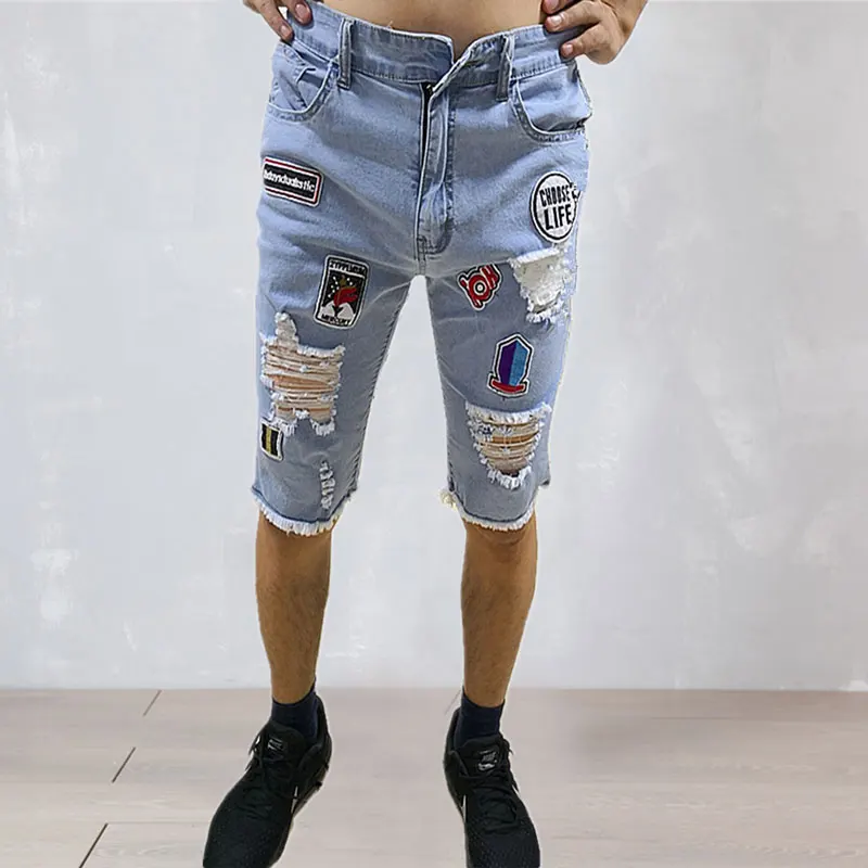 Summer Men Stretchy Ripped Skinny Biker Embroidery Print Jeans Shorts Destroyed Hole Taped Slim Fit High Quality Denim Shorts