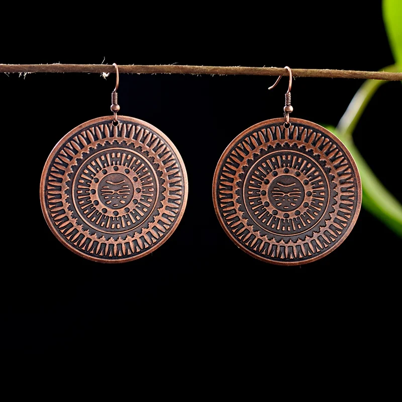Винтажные богемные большие круглые резные женские цыганские серьги