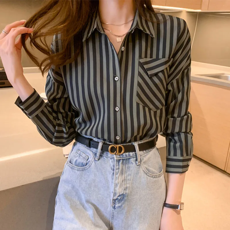 

Women Spring Elegant Office Lady Chiffon Button Striped Blouse Vintage Casual Loose Turn-down Collar Plus Size Chiffon Blouse