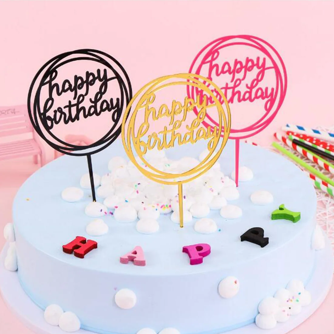 

22 Styles Acrylic Double-Sided Mirror Birthday Cake Insert Card Cake Decoration Happy Birthday Cake Card Cake Topper Party Gifts
