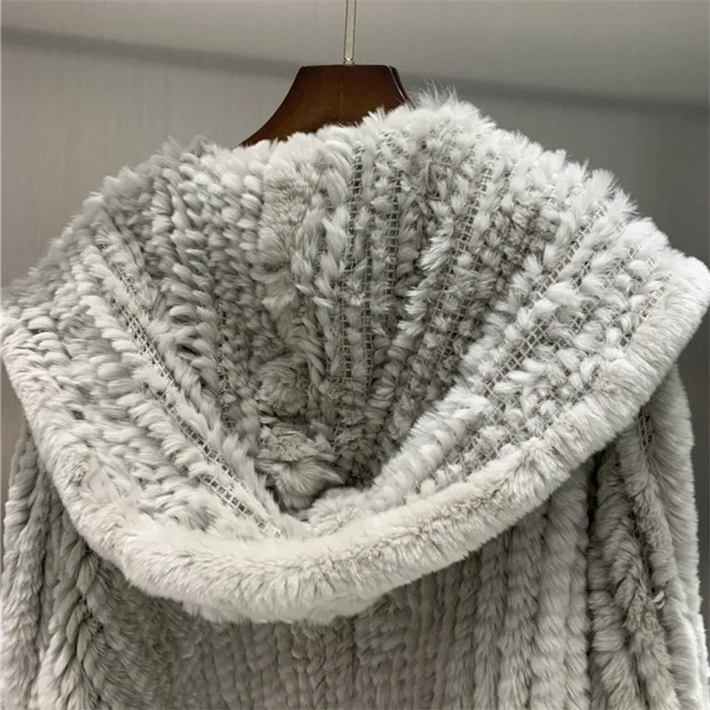 

New Design Women's Real Knitted Rex Rabbit Fur Coat With Fur Hood Winter Warm Fashion Lady Fur Coat