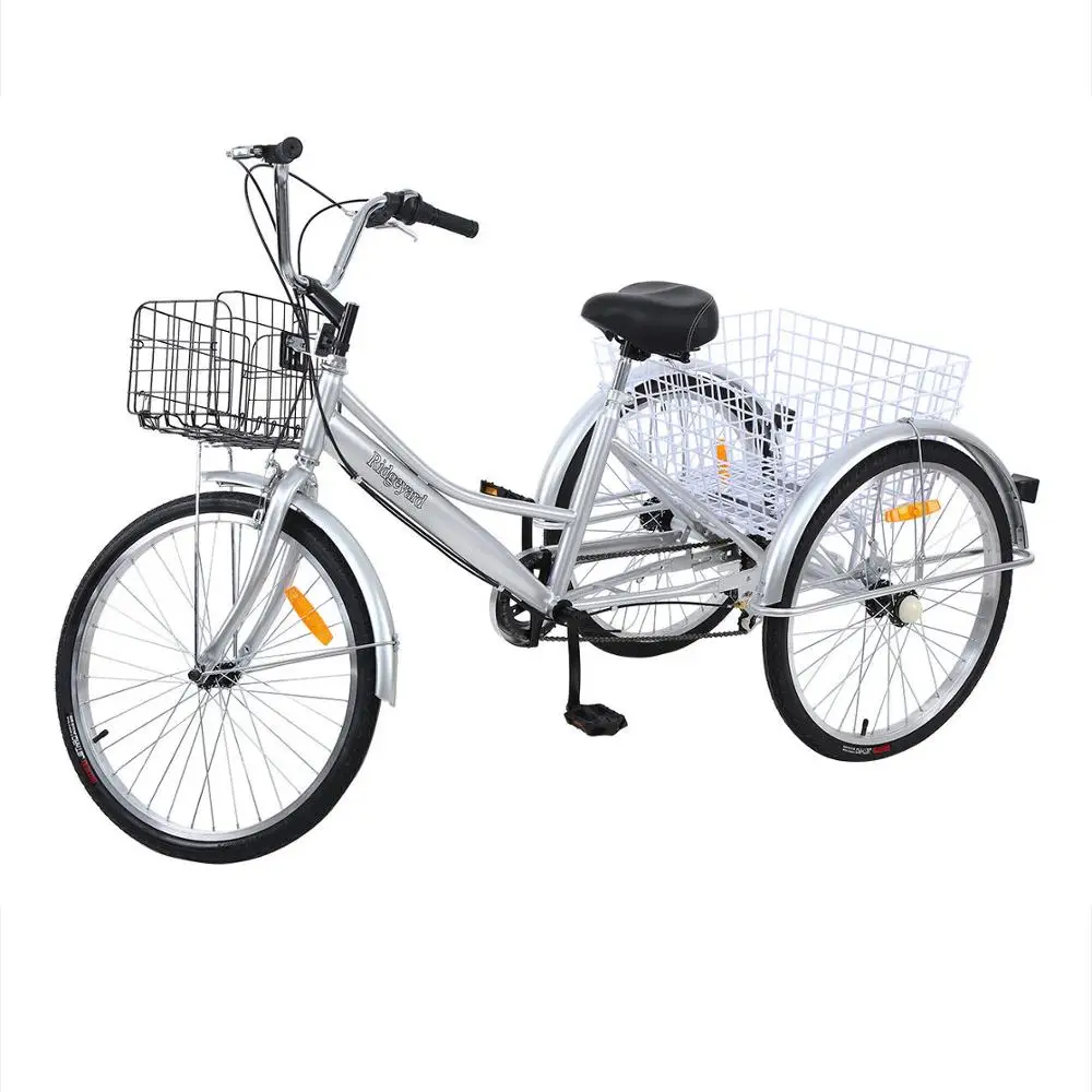 Online 7-Speed 24-zoll Dreirad Drei Räder Fahrrad Im Freien Reise Einkaufen Fahrrad Mit Korb Für Mann Frau Ältere 7 Getriebe Silber