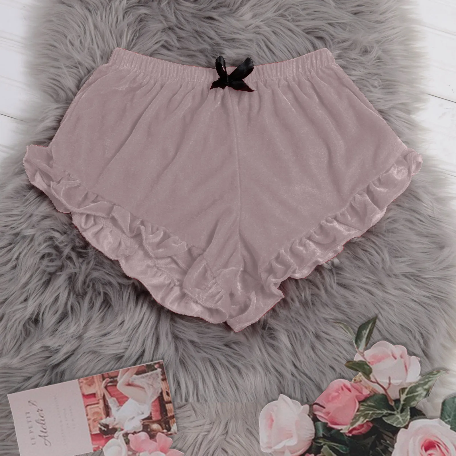 

ISHOWTIENDA Women's Fashion Velvet Sexy Stain Pajamas Bowknot Shorts Comfortable Mid-Rise