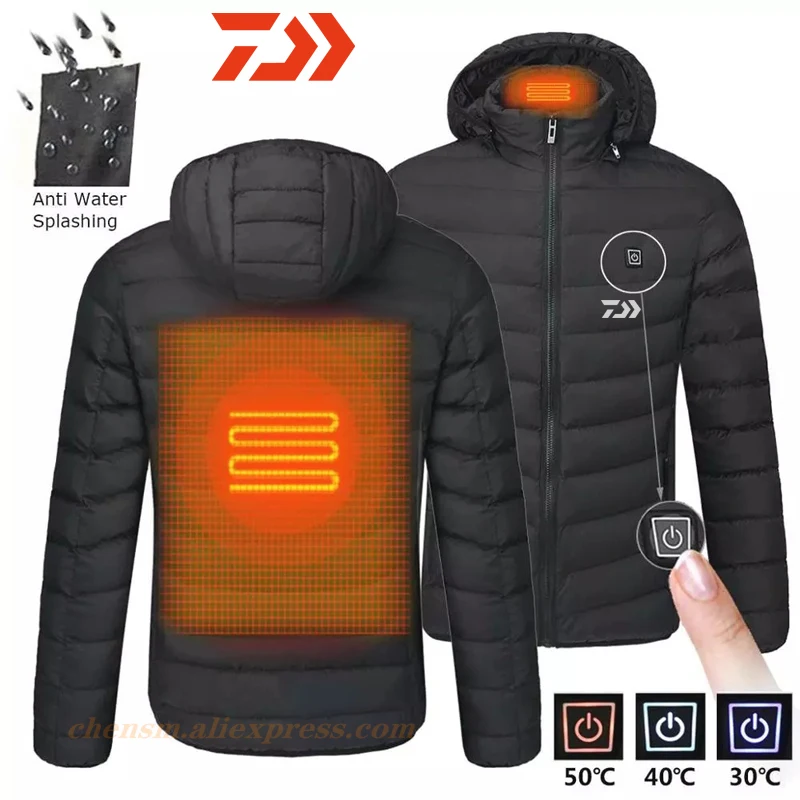 

Daiwa 2021 Men Winter Warm USB Heating Jackets Smart Thermostat Pure Color Hooded Heated Clothing Waterproof Fishing Jackets