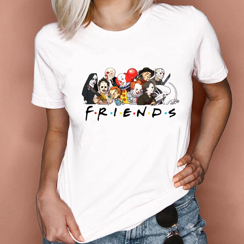 

YESMOLA Horror Friends Print Women T-shirt Harajuku Halloween Funny Graphic Tee Female Casual Short Sleeve Fashion O-neck Tops
