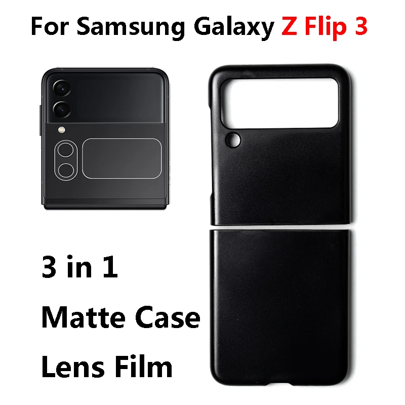 

3 In 1 Case Lens Film for Samsung Galaxy Z Flip 3 Lens Tempered Glass Matte Black Transparent Case for Samsung Galaxy Z Flip3