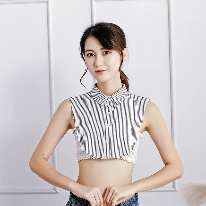 Linbaiway Formal Stripes Detachable Lapel Fake Collar Women Button Down False Female Removable Half Shirt Blouse Decor |