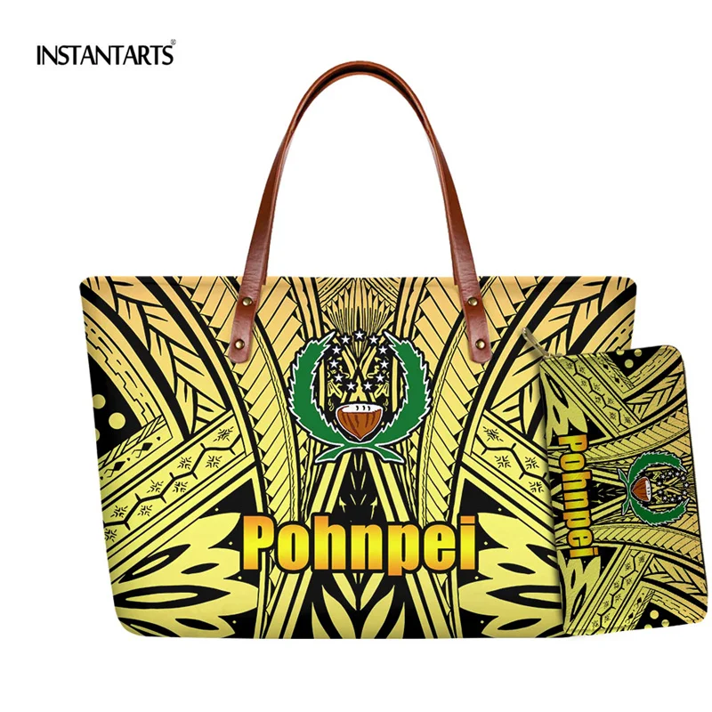 

INSTANTARTS Женская роскошная кожаная сумка 2 шт. Полинезия понпей Племенной принт большая сумка с ручками и кошелек сумка для покупок